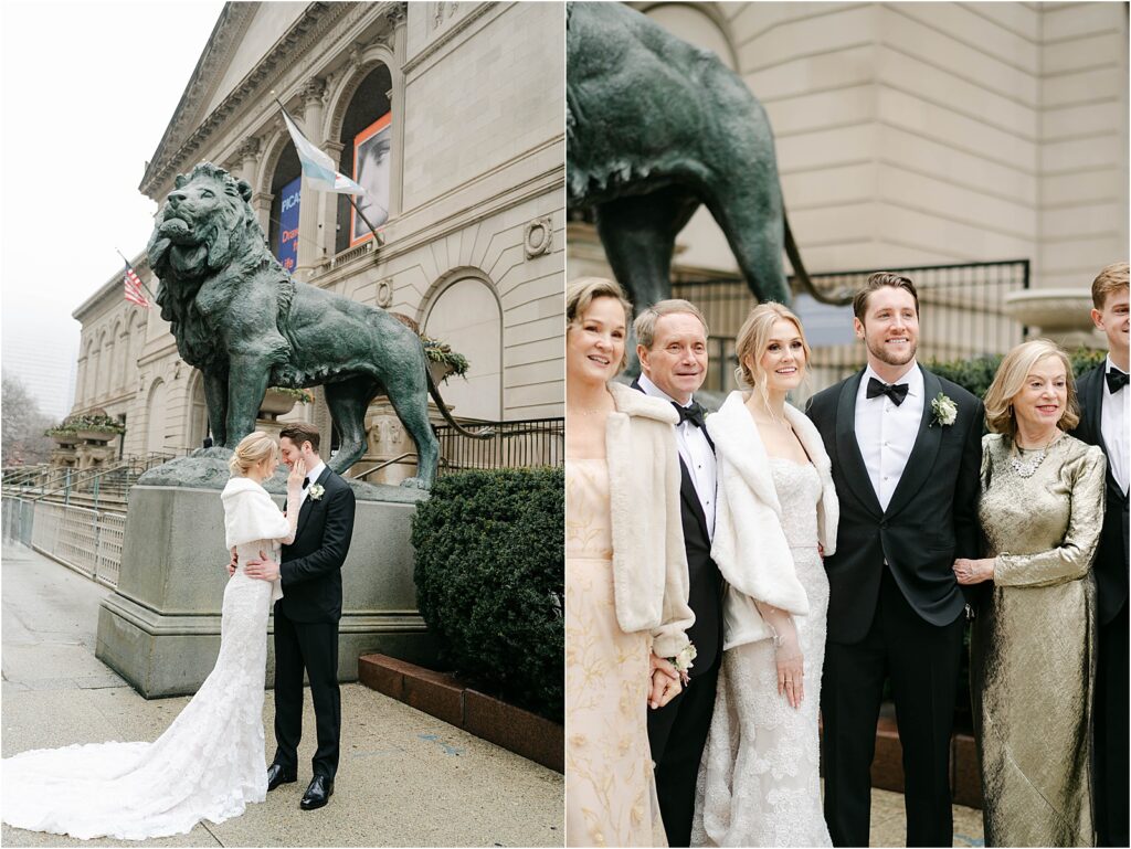Wedding Photos in front of the Lions at the Art Institute of Chicago