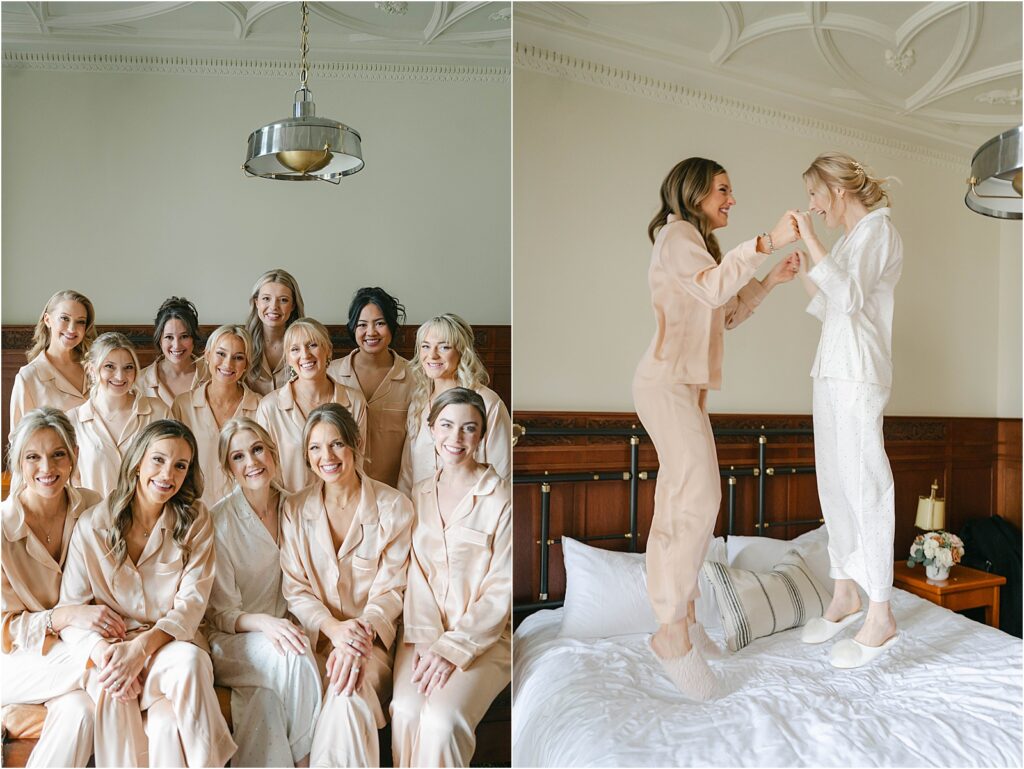 Bride and Bridesmaids in matching pajamas jumping on the bed at the Chicago Athletic Association