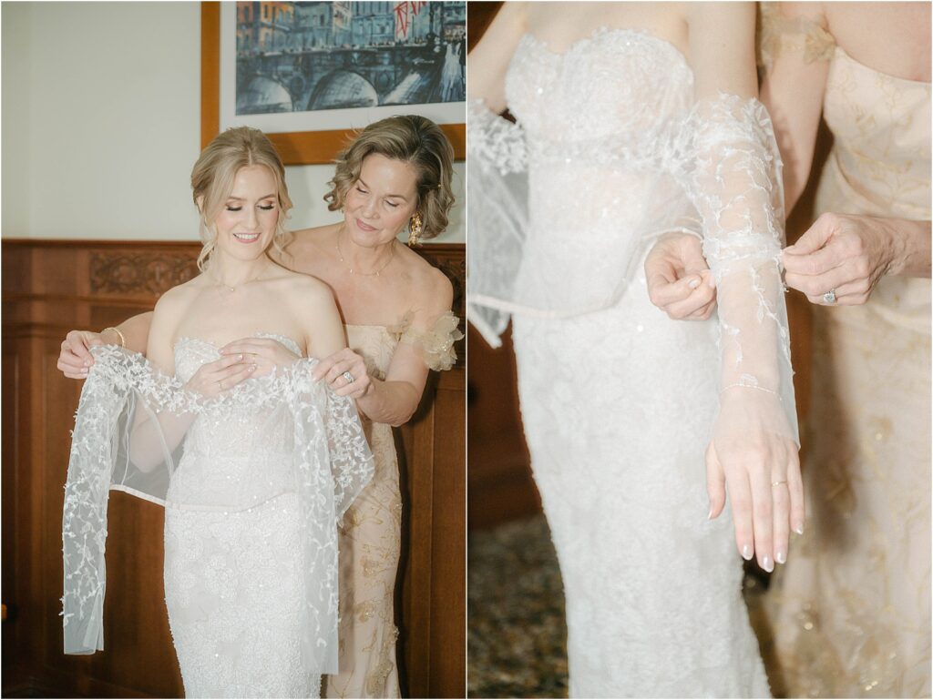 Bride getting dressed with her mother at The Chicago Athletic Association