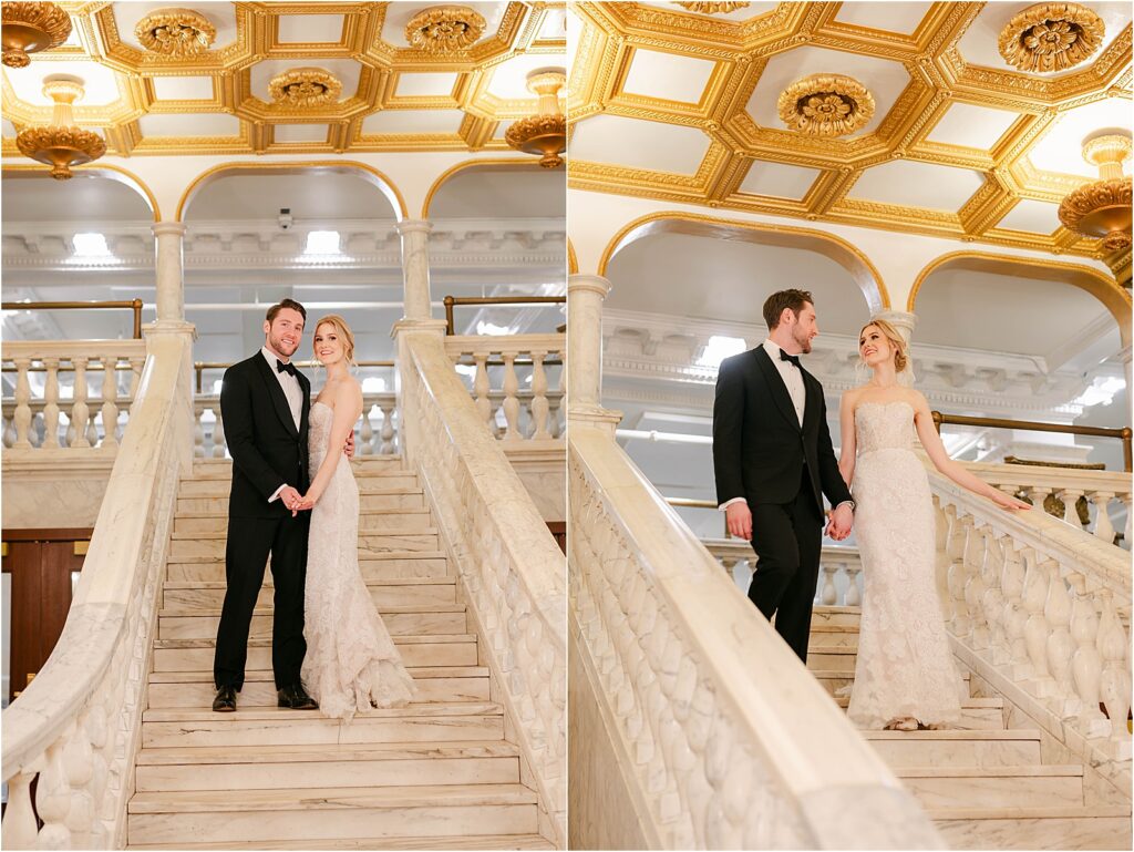 Bride and Groom on the stairs at the Chicago Athletic Association
