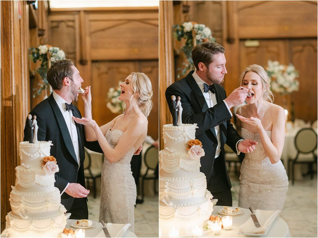Bride and Groom feed each other cake at the Chicago Athletic Association