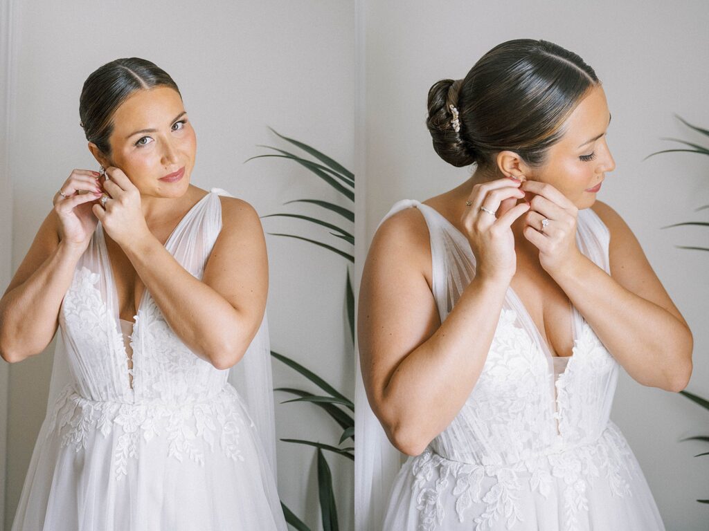 bride putting earrings in
