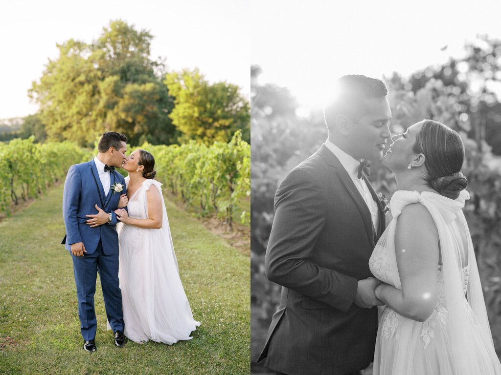 BRIDE AND GROOM IN VINEYARD AT GOLDEN HOUR