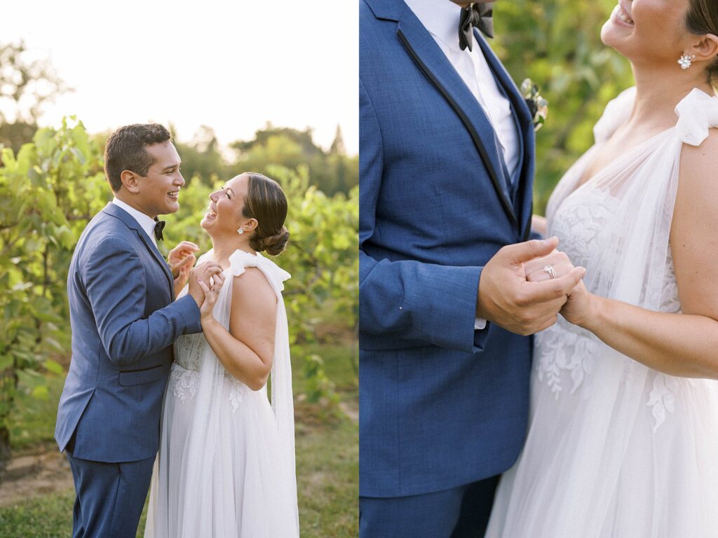 BRIDE AND GROOM IN VINEYARD