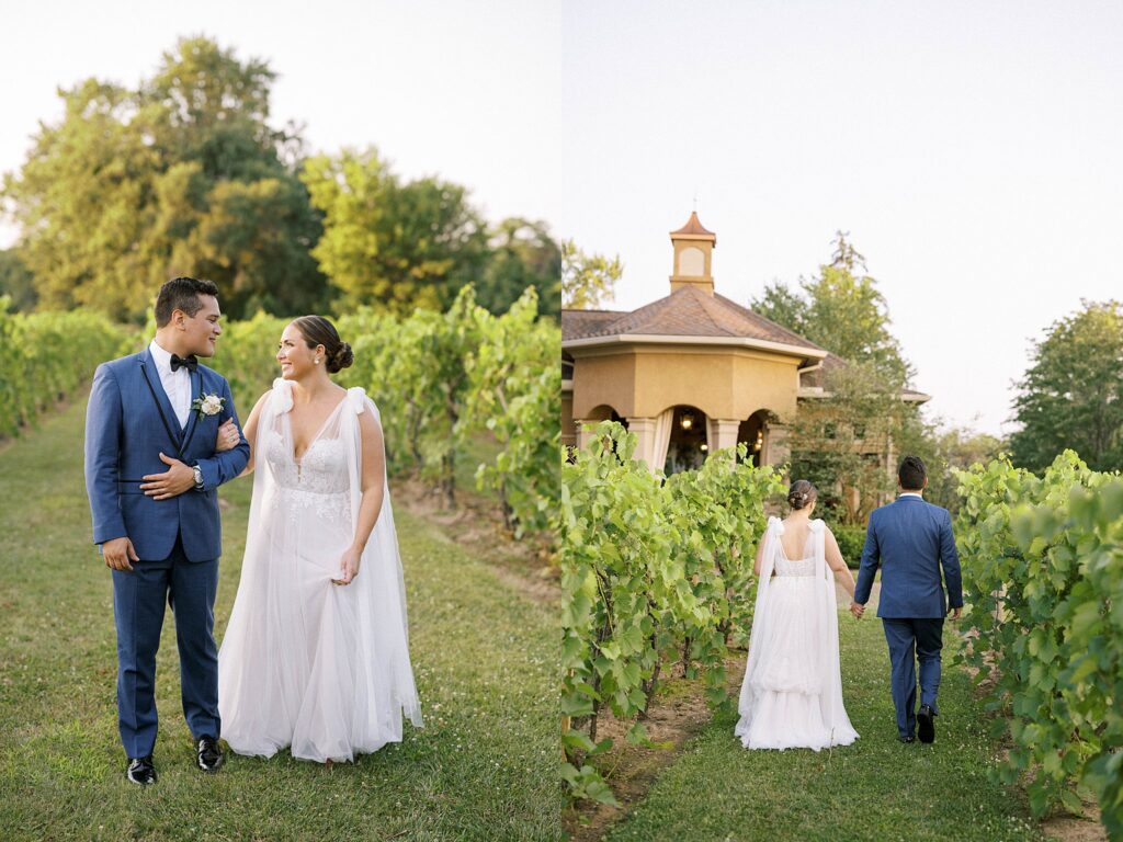 BRIDE AND GROOM IN GERVASI VINEYARD AT GOLDEN HOUR