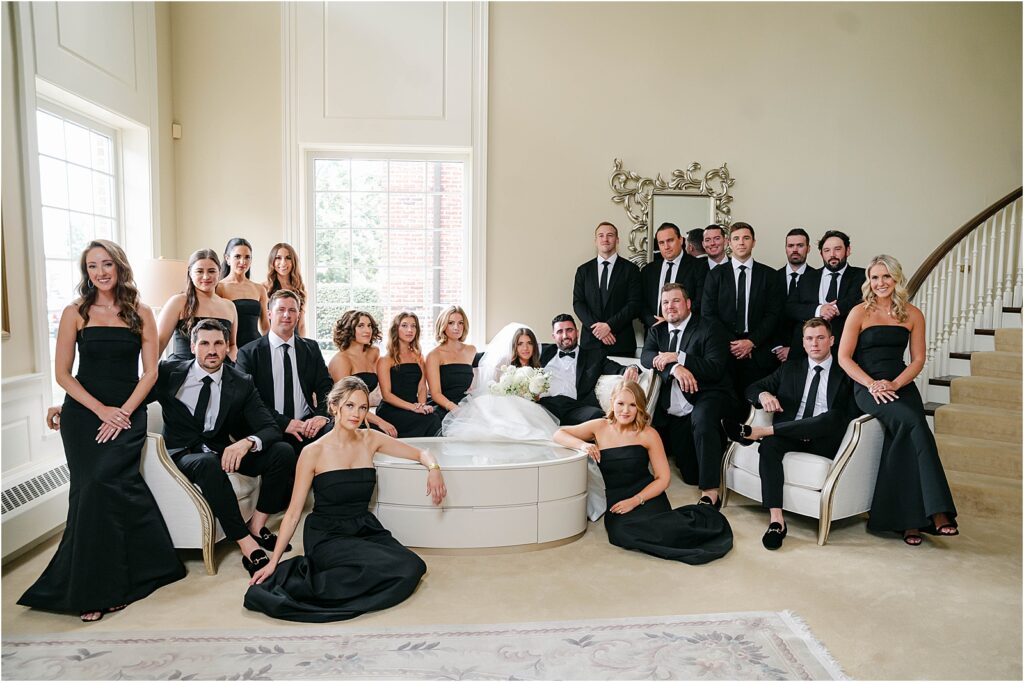 bridal party in black and white